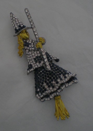New Dark Metal Witch and Broom w/ Multicolored Crystals and Enamel Pin Brooch - Picture 4 of 4