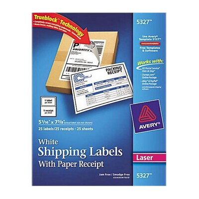 Avery White Shipping Labels w/ Paper Receipts 5-1/16 x 7-5/8 Laser 25/Pk (5327)