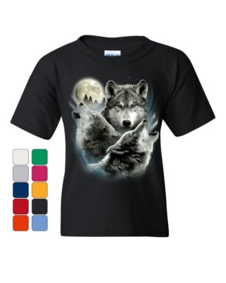 Howling Wolf Pack Youth T-Shirt Wild Wilderness Animals Nature Moon Kids Tee