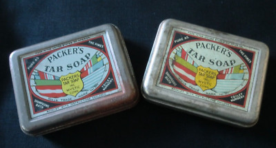 Vintage 1939 Two  Packers Tar Soap Tins  ''Shampooing Bath'' Mystic, Ct.