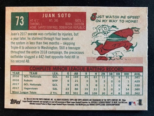 2018 Topps Archives - 1959 Design #73 Juan Soto (RC) - Foto 2 di 2