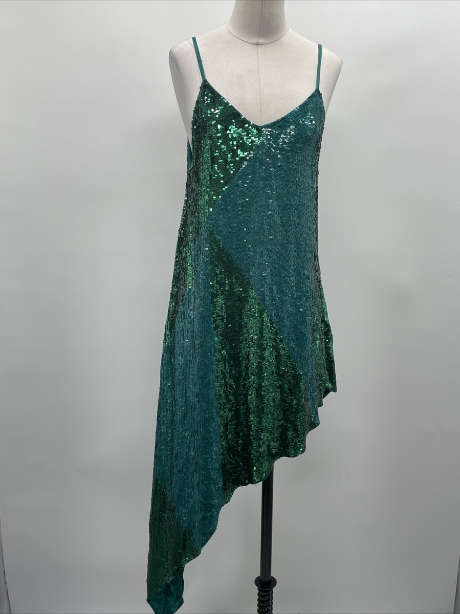 retrofete green mini dress Spaghetti Strap Sequin V Neck Asymmetrical Retrofete logo