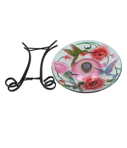 Solar Glass Bird Bath W/Metal Stand-Hummingbird &Poppies Summer Garden Decor - Picture 2 of 5