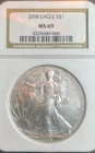 2008 AMERICAN SILVER EAGLE, NGC BROWN LABEL MS69 #0106