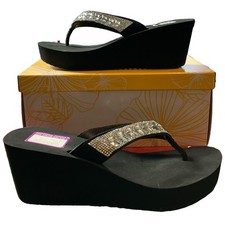Yellow Box Sandals 9 Black Rhinestones Jeweled Wedge Platform Flip Flop NEW