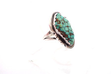 Vintage Southwestern Sterling Silver Ring W/ Large Natural Spiderweb Turquoise