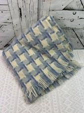 Vintage Pendleton 100 Wool Throw Blanket USA Blue Fringe MCM Geo Houndstooth