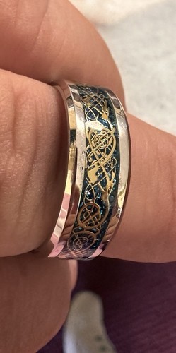 Men's Stainless Steel Celtic Dragon Ring, Silver with gold colored inlay Sz10.5 - Picture 3 of 3