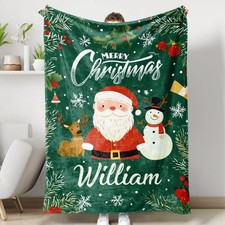 Personalized Merry Christmas Santa Snowman Reindeer Green Fleece Blanket Throw