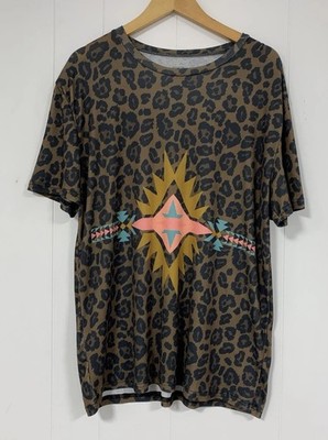 Crazy Train L Leopard Print Southwest Aztec Graphic Tee Cotton Blend Stretch