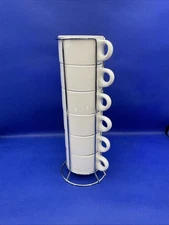 Pier 1 Imports White Stoneware 6 Stacking Tower Coffee Cup Mug 8 Oz & Metal Rack