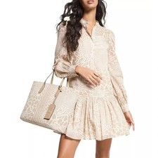 Michael Michael Kors NWT Belted Patchwork-Print Cotton Mini Dress Khaki Casual S