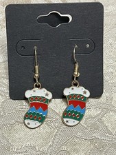 Retro Christmas Stocking Holiday Gold Loop Enamel Drop Dangle Adorable Earrings