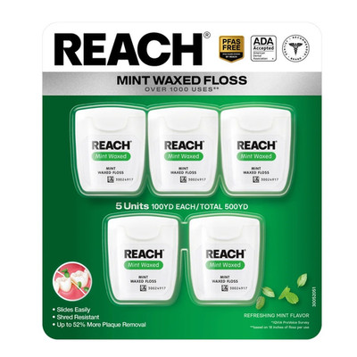 REACH Mint Waxed Dental Floss 5 Pack 500 Yards Total 100 yd Each Free Shipping