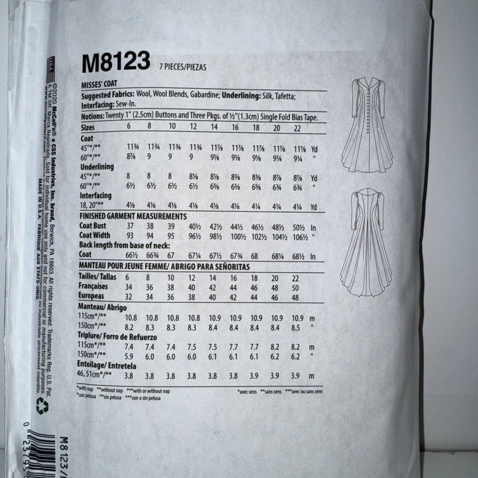 McCalls M8123 Angela Clayton викторианской/эдвардианской пальто новый/необрезанный SZs 6-8-10-12-14 - Изображение 2 из 2