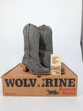 Vintage 1970s Wolverine Pigskin Suede Cowboy Boots Gray Women s 8 M w/Box USA
