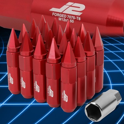 J2 Engineering 7075 Aluminum M12x1.5 25mm OD/90mm Spiky Cap 20Pc Lug Nut Red