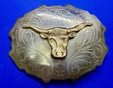 Texas Longhorn Cow Bull Head Steer Nickel Silver Vintage Engraved Belt Buckle