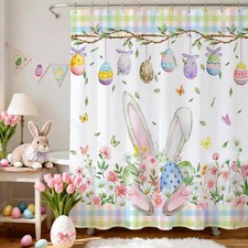 Easter Shower Curtain for Bathroom Cute Bunny Eggs Spring Floral Shower Curtai..