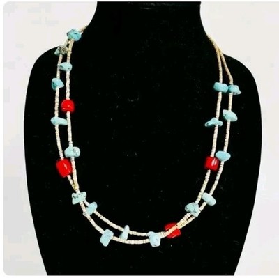 Sterling two strand turquoise nugget red coral Heishi necklace (24 ) Navajo C.L.