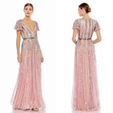 Mac Duggal Women 6 Striped Sequin V Neck Gown Rose Pink Beading 70108 NEW FLAW