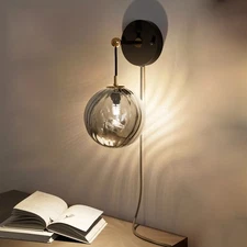 Dimmable Wall Sconce Glass Globe Shade Bedside Nightstand Plug-in LED Wall Lamp