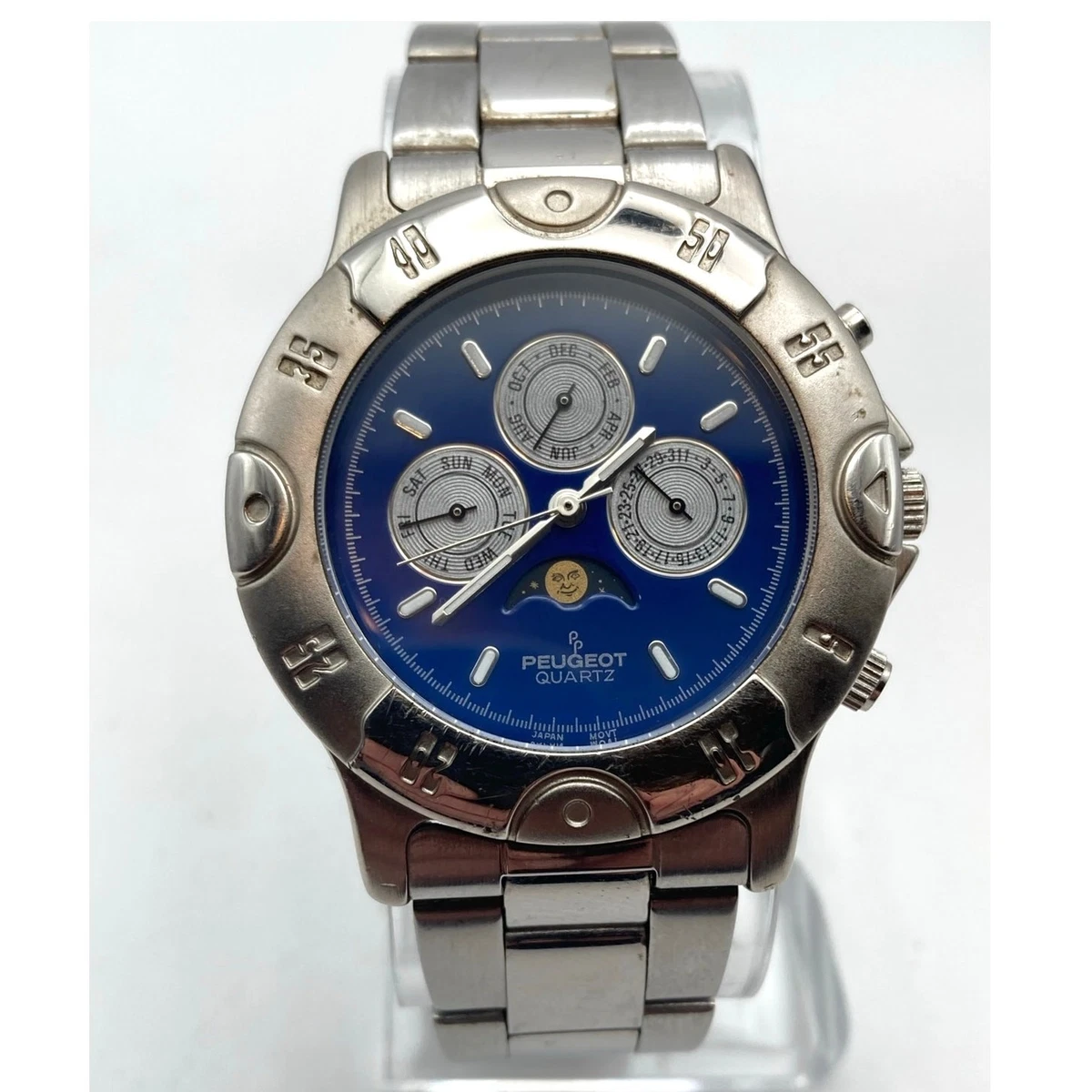 VINTAGE DATE MOON PHASE RHINESTONES DIAL QUARTZ SILVER BLUE BAND (New Battery) Citizen Junction Square Quartz Watch With Moon Phases  main image 4