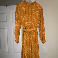 SHEIN Yellow White Polka Dot Maxi Dress Belted Ruffle High Neck Long Sleeve S
