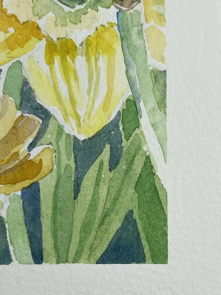 "Pintura acuarela original Roberta Larson narcisos 10x5"" flor firmada" Foto 4 de 4