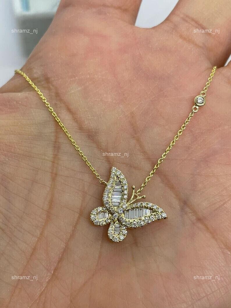 14K Solid Yellow Gold Diamond Prong Elegant Butterfly Cluster Necklace Jewelry