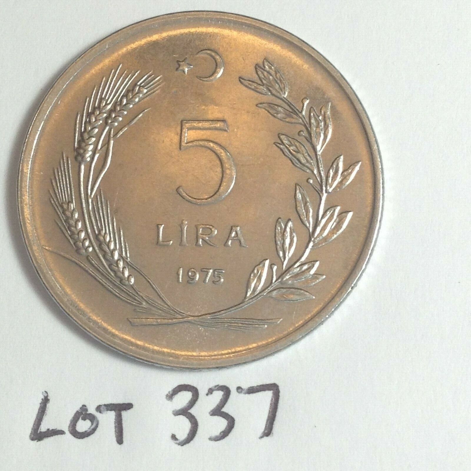 1975 TURKEY 5 LIRA COIN  LOT 337