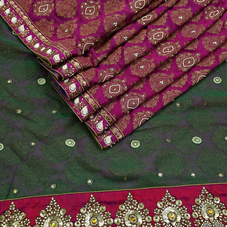 Saris Sabyasachi de diseñador bordados a mano red verde y púrpura indio de 6 yardas Foto 4 de 4
