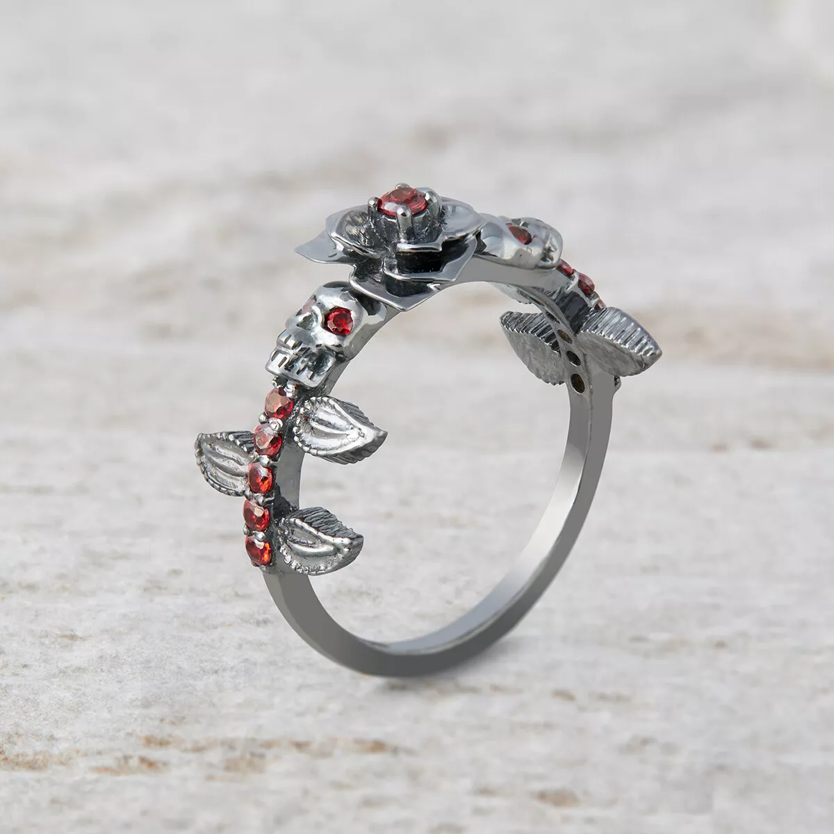 Rose Skull Engagement Ring Flower Gothic 0.20TCW Garnet Gun Metal