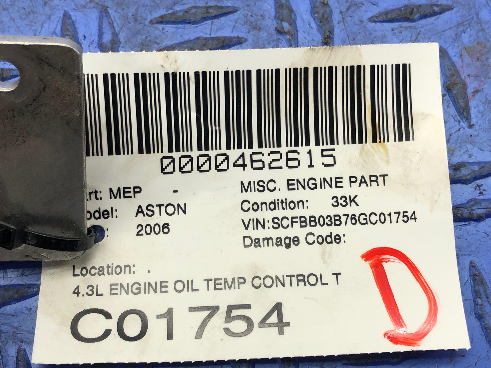 2006-2018 ASTON MARTIN VANTAGE V8 4.3L ENGINE OIL TEMP THERMOSTAT 96JV-6L635 OEM