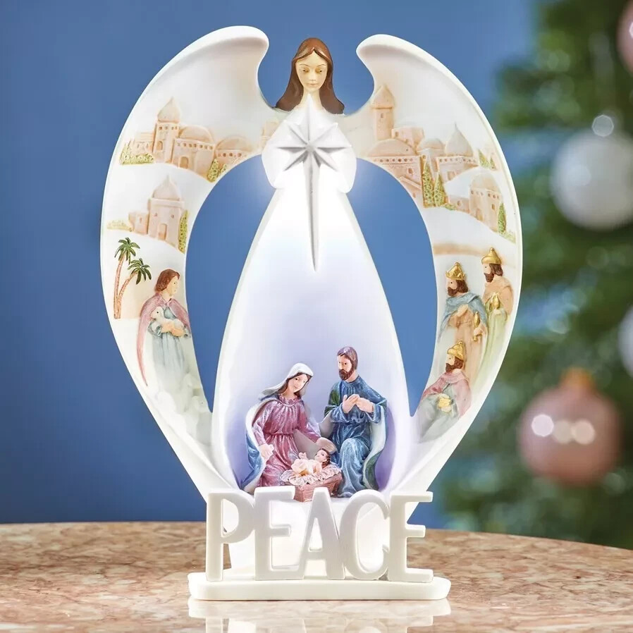 Lit Tabletop Centerpiece Statue - Angel Christmas Nativity Scene