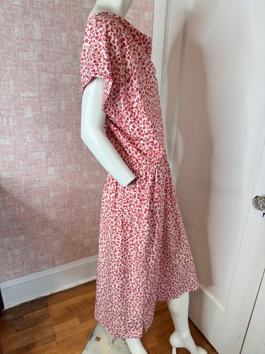 vtg silk knee length small red cherry blossom print stretch waist dress sz M - L - Picture 4 of 11