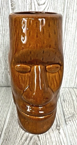 Vintage Brown Polynesian Tiki Ceramic Mug Cup Vase DW128 Easter Island Barware