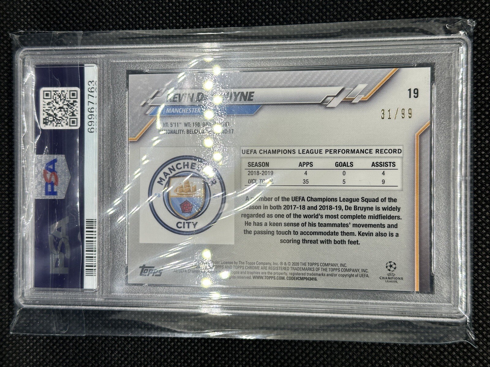 2019-20 Topps Chrome UCL Sapphire Edition Yellow 31/99 Kevin De Bruyne PSA 10 view 2