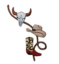 Western Cow/Steer Skull Cowboy Hat, Boots, Rope Embroidered Iron on Patch