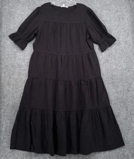 Chicos Tiered Midi Dress Womens 2 US 12 Black Cotton Gauze Short Sleeve A Line