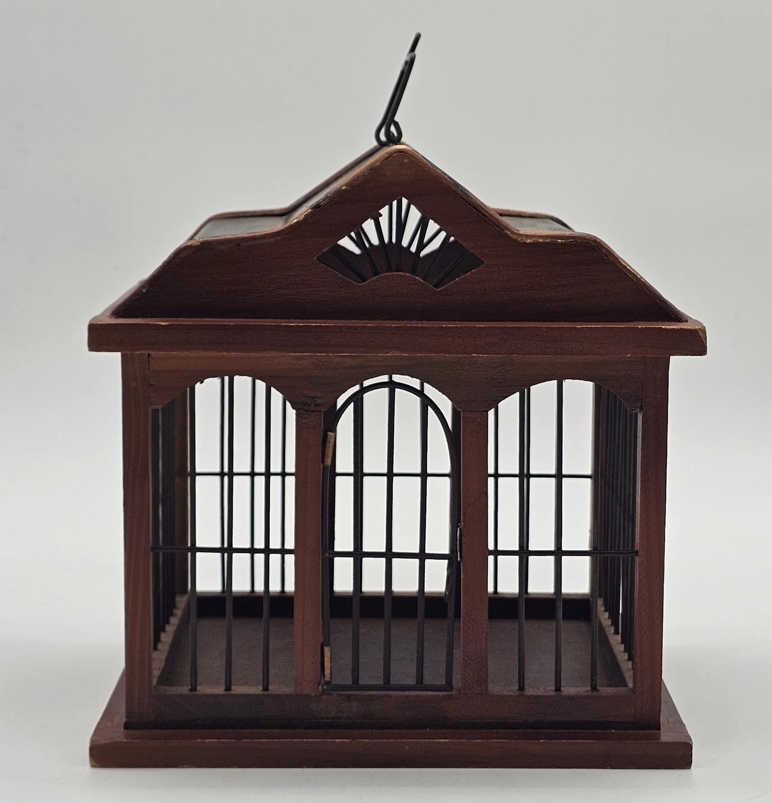 Vintage Wood and Metal Bird Cage Rectangle W/ Pointed Top