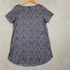Eileen Fisher Shift Dress Size Medium M Silk Cotton Blue Geometric Print Organic