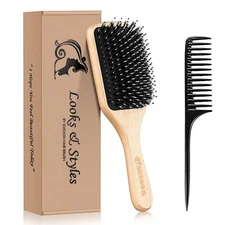 Sosoon Boar Bristle Paddle Hair Brush – Detangler for All Hair Types + Comb