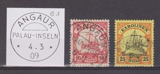 Kolonien "Karolinen" 2 Werte Mi.Nr. 9 und 11 mit Stempel "Angaur" selten !!!