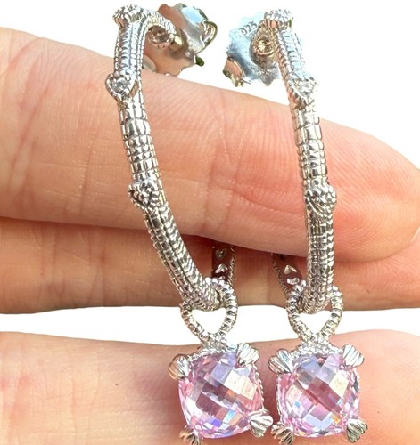 Judith Ripka 925 & 18k rosa Kristall weißer Saphir Herz Creolen Ohrringe 30mm - Bild 1 von 7