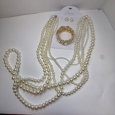 Linea Donna 5 Strand Extra Long Faux Pearl Necklace Earring Bracelet Set New