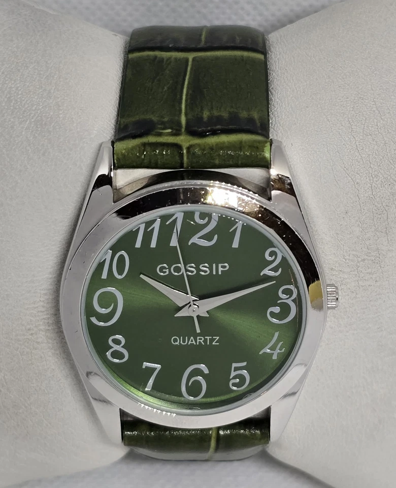 Reloj con correa de cuero para mujer Gossip tono plateado esfera blanca verde bosque 12 Foto 4 de 4