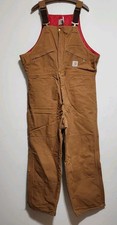 VTG 1996 Carhartt BQZF06 Red Quilt Lined Duck Bib Overalls Brown USA Made 46x30