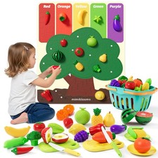 Play Food Set with Cutting Fruits Felt Tree Mat, Pretend Food Play Kitchen Ac...