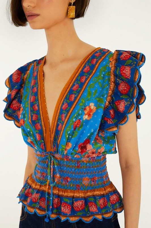 NW AUTH FARM RIO Bright Blue Rococo Flowers Blouse Top Shirt SMALL S Free Ship
